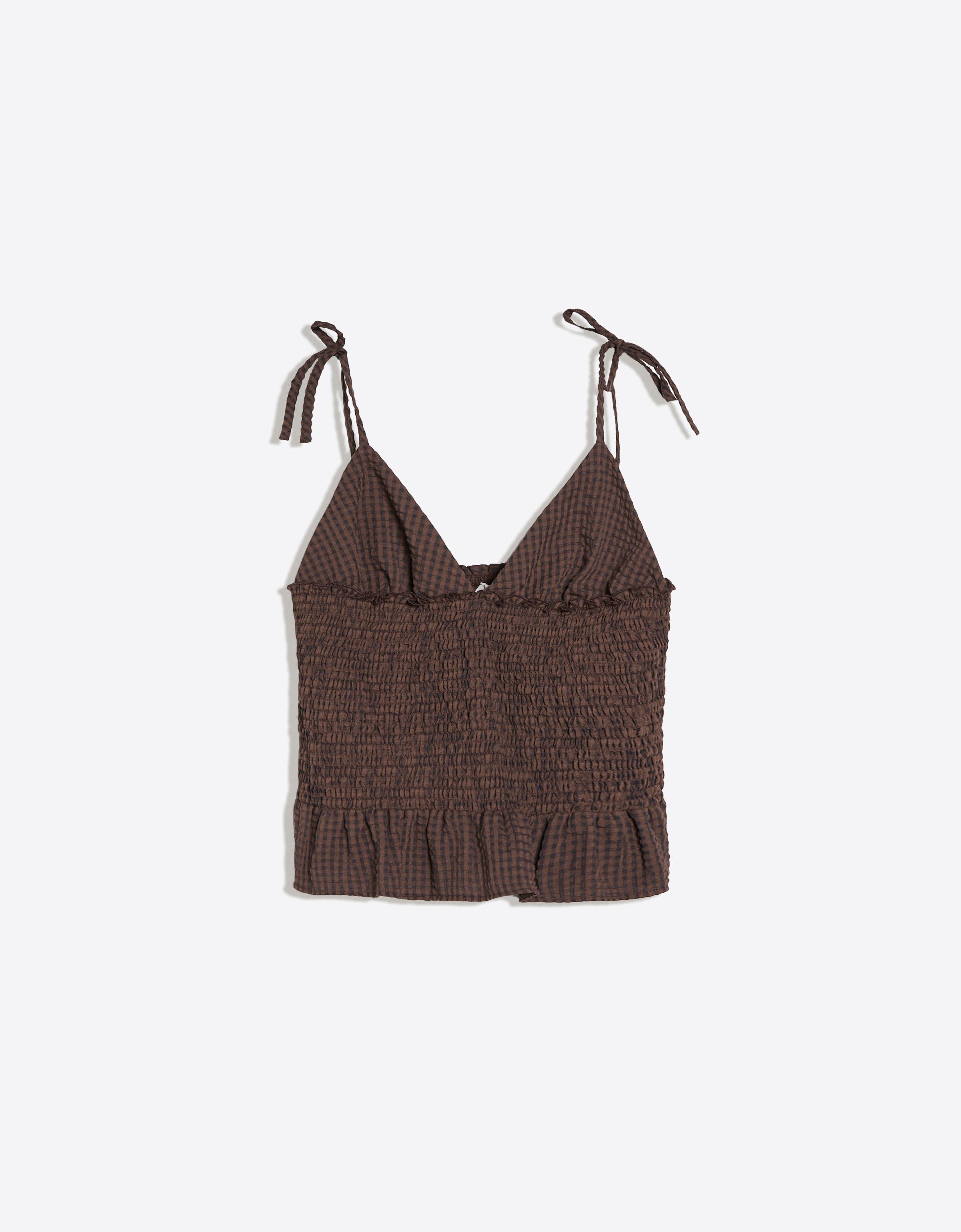 Smocked check strappy top — Brown