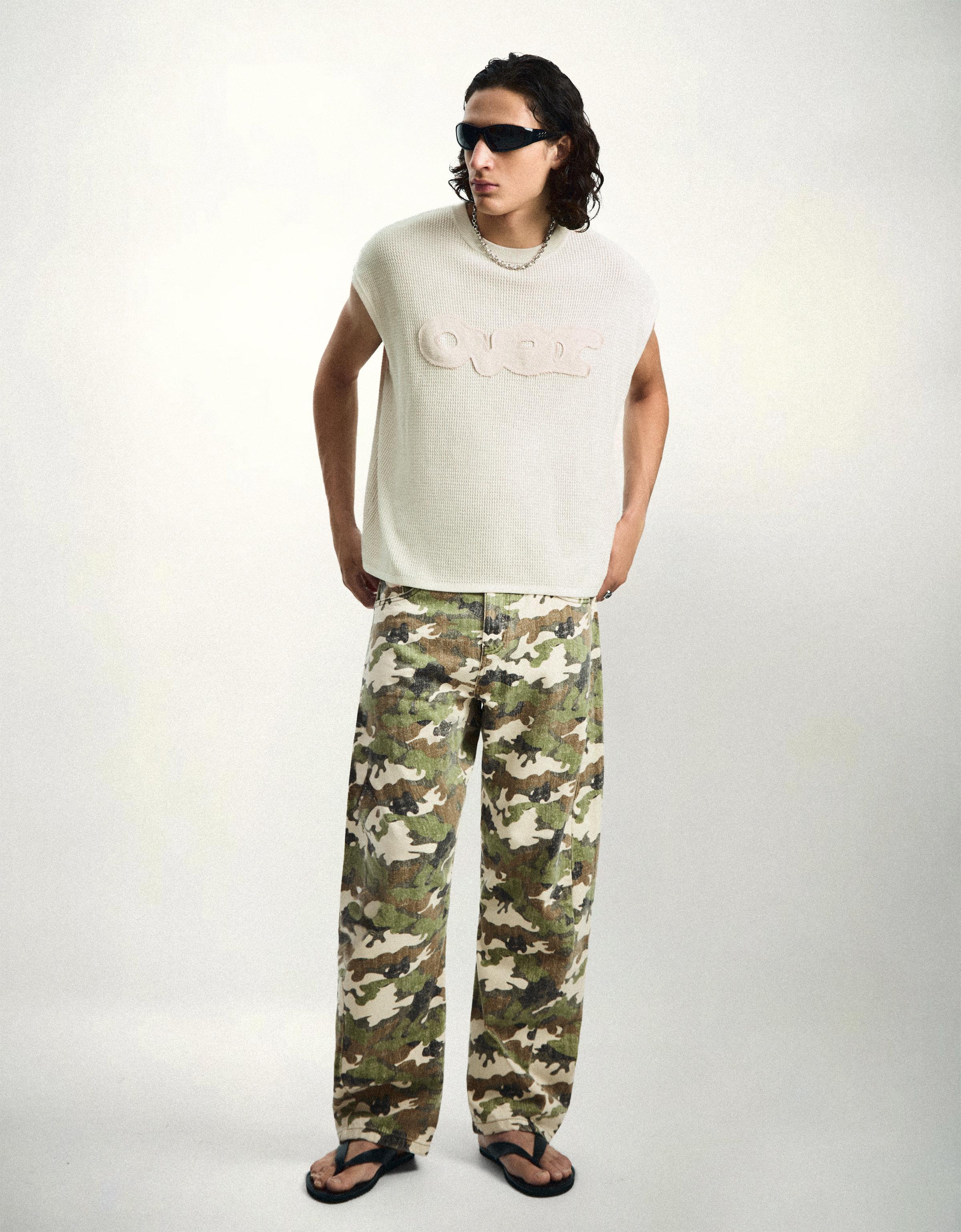 Bershka Jeans Cintura Cruzada Print Hombre Verde