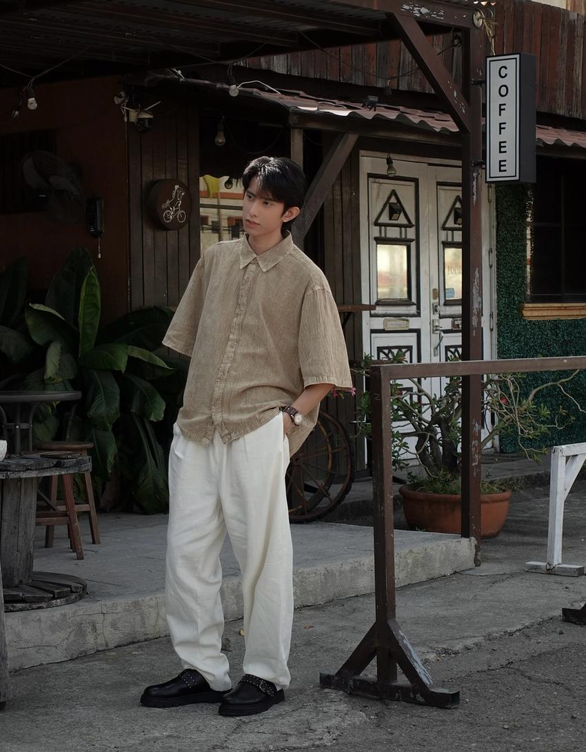 Linen blend tailored baggy pants-Off white-2