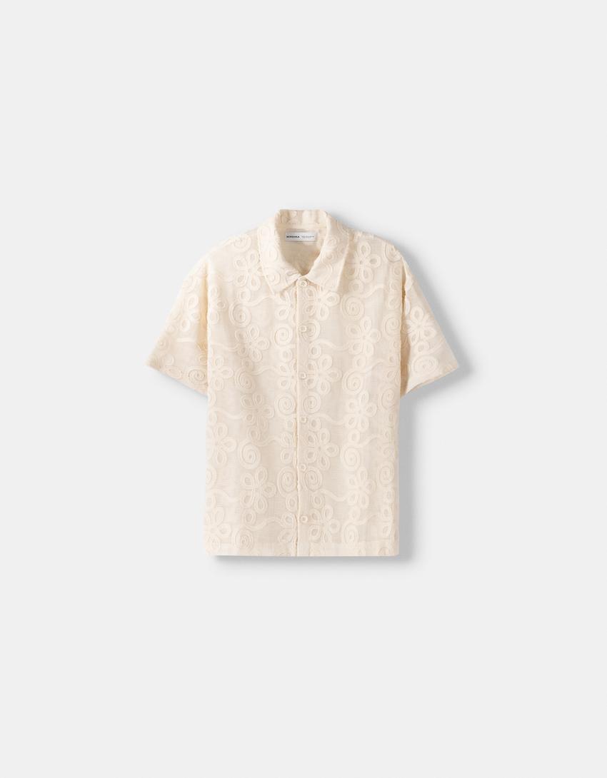 Kısa kollu dokulu çiçek desenli gömlek-Kirli beyaz-4