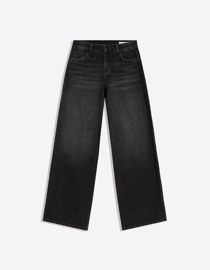 Jeans wide leg tiro bajo-Negro