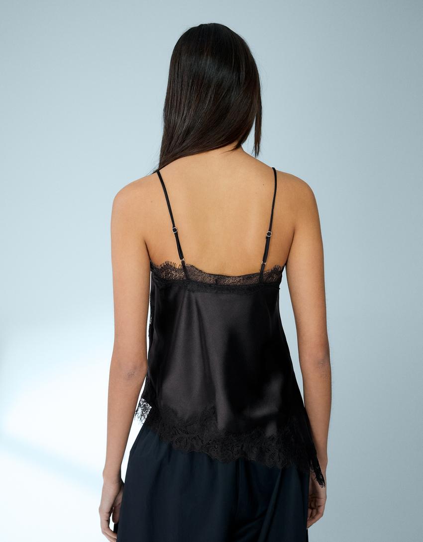 Top tirantes satén encaje asimétrico-Negro