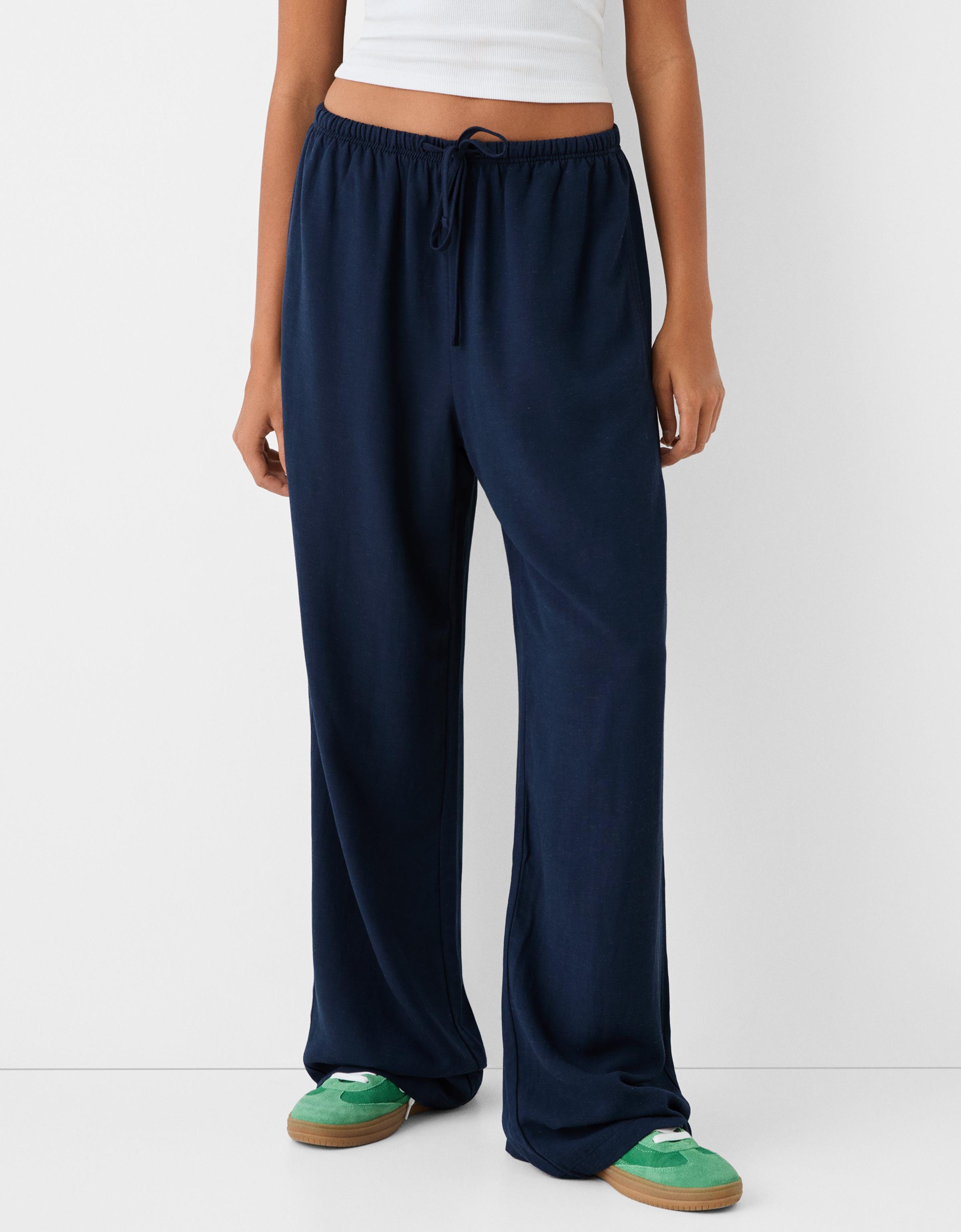 Bershka Straight-Fit-Hose Mit Leinen Und Stretchbund Damen M Marinenblau