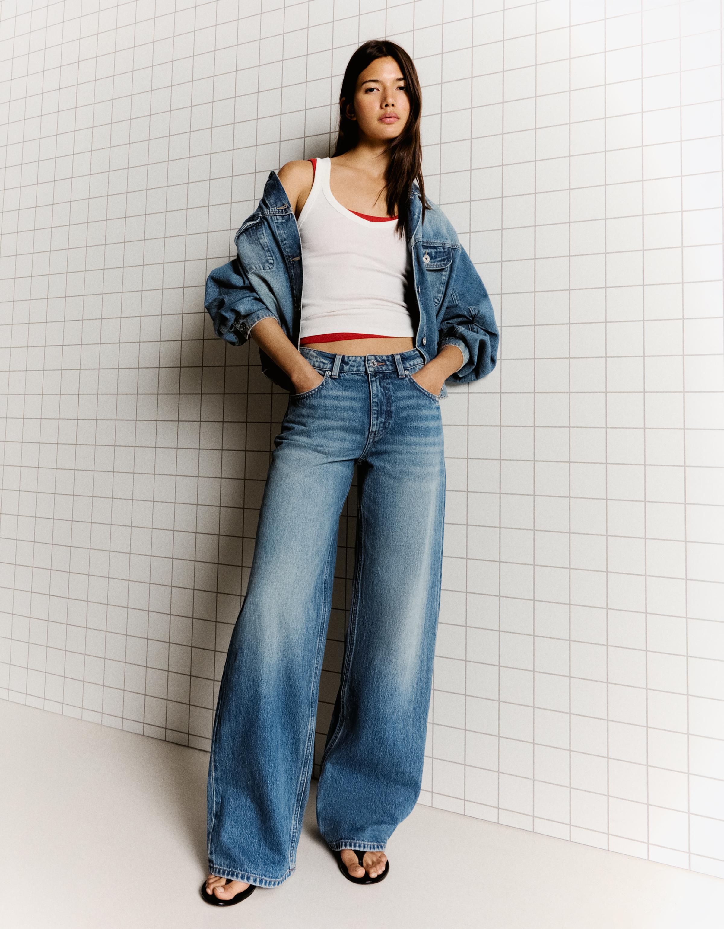 Bershka Jeans Wide Straight Tiro Alto Mujer Azul Lavado