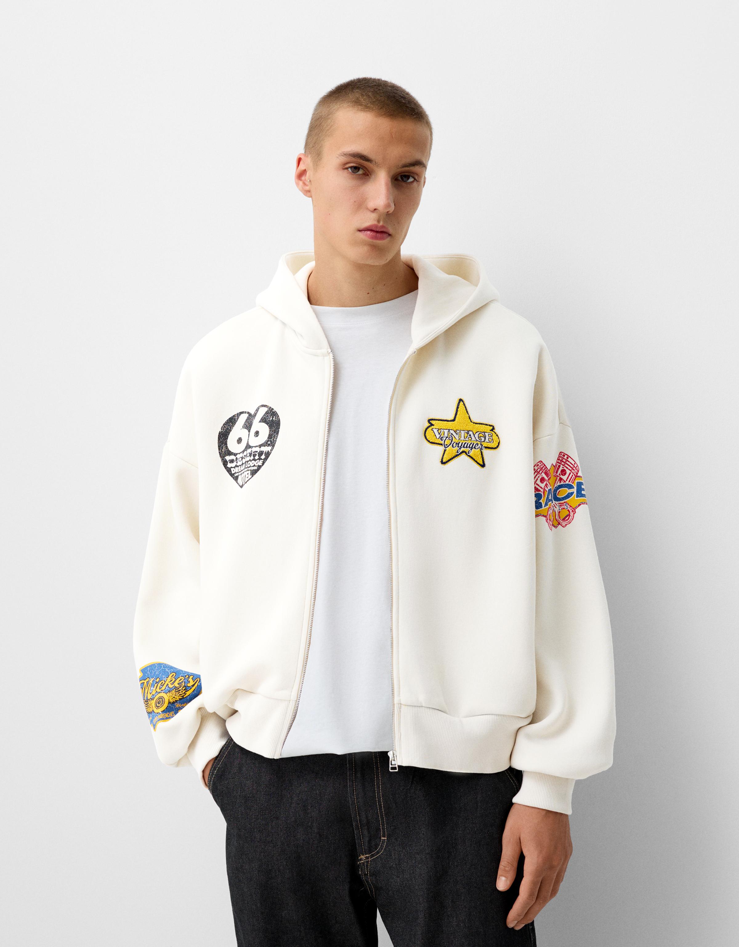 Bershka Cropped-Hoodie Im Boxy-Fit Mit Reißverschluss Und Patches Herren L Beige