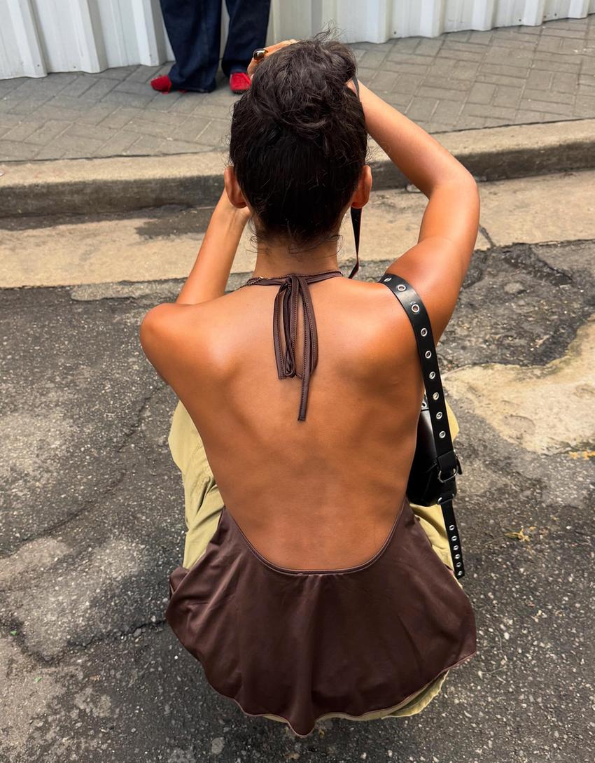 Pullu halter top-Kahverengi