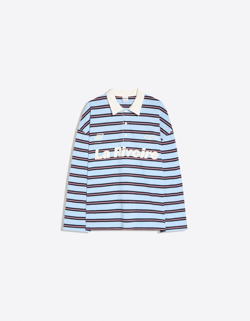 Printed polo collar long sleeve T-shirt-Light blue