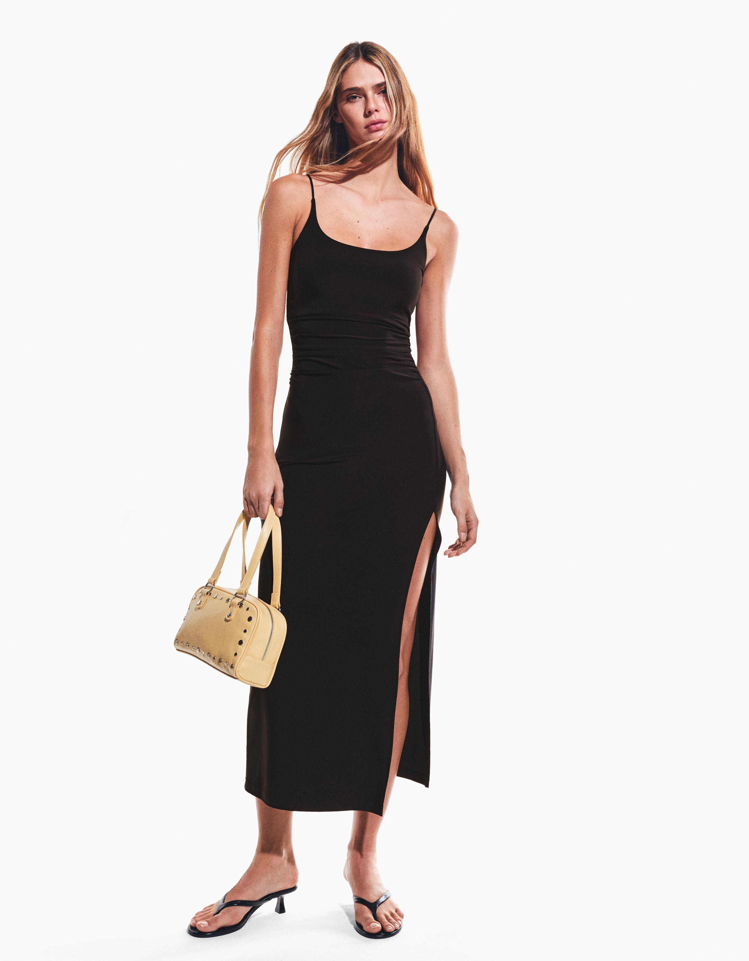 Büzgülü askılı midi elbise - Görsel 35