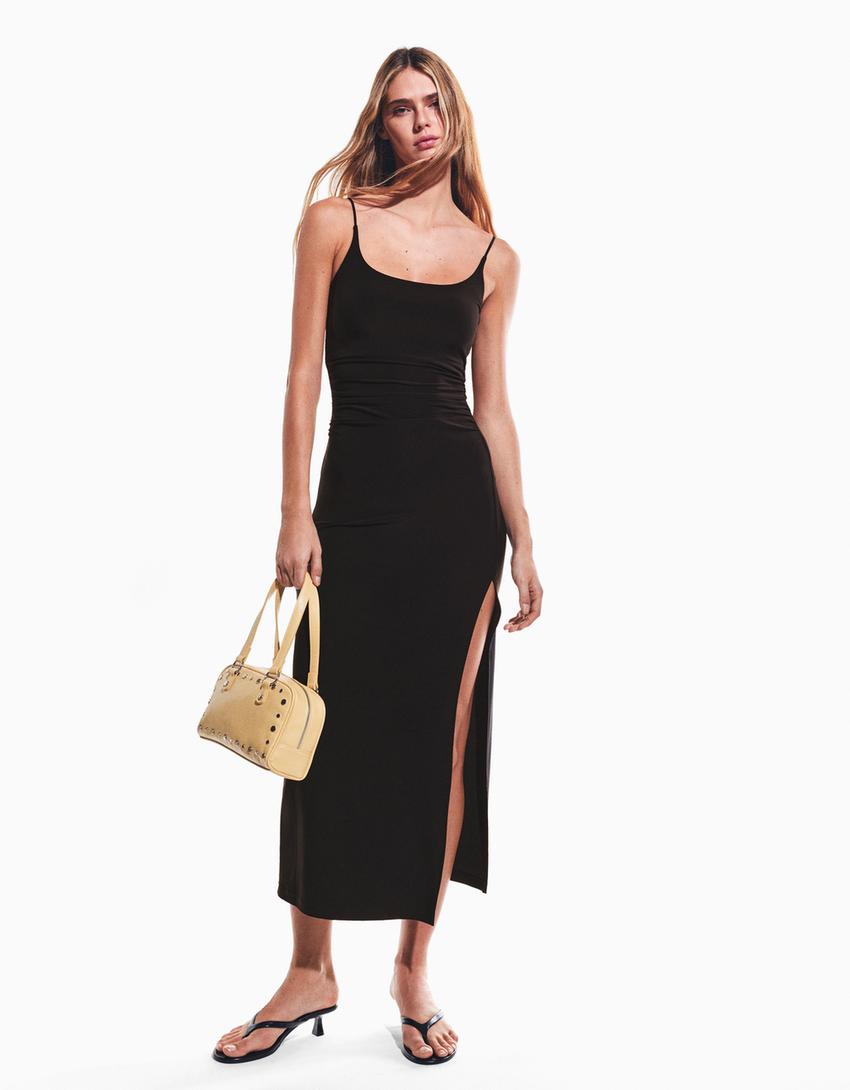 bershka black midi dress Gathered strappy midi dress - Women