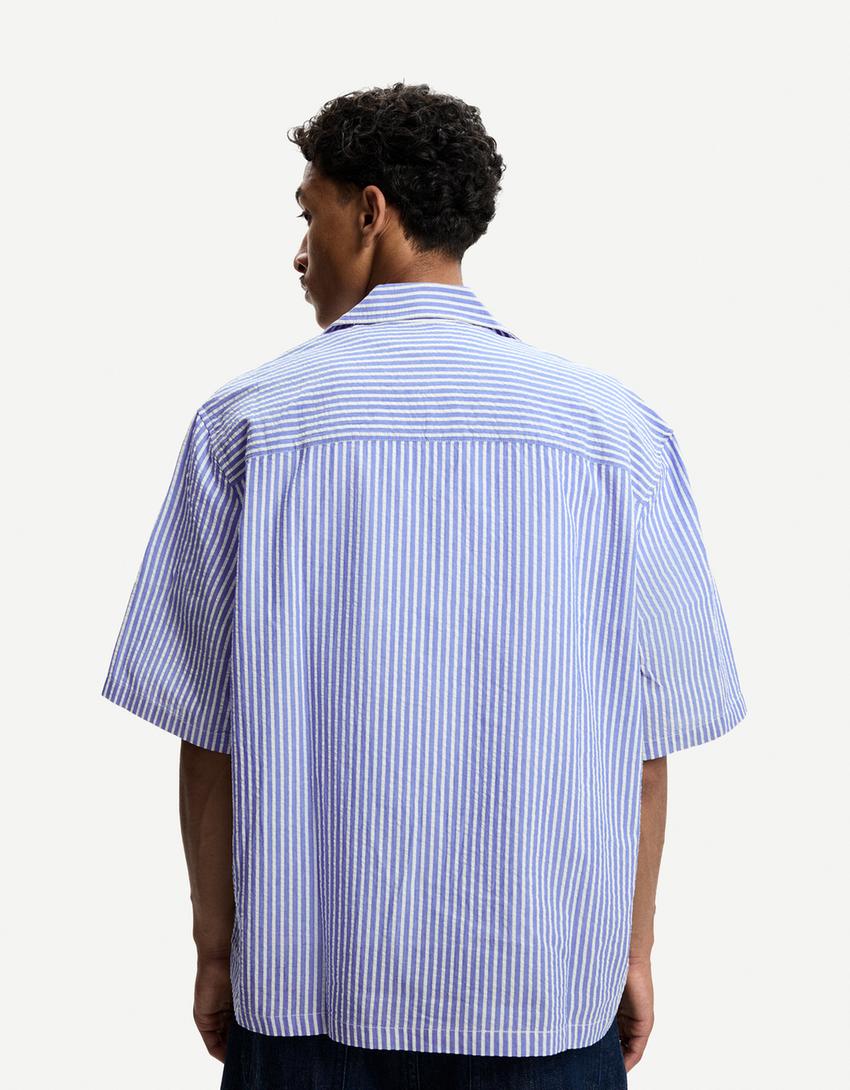 Striped textured short sleeve boxy fit shirt-Blue-1
