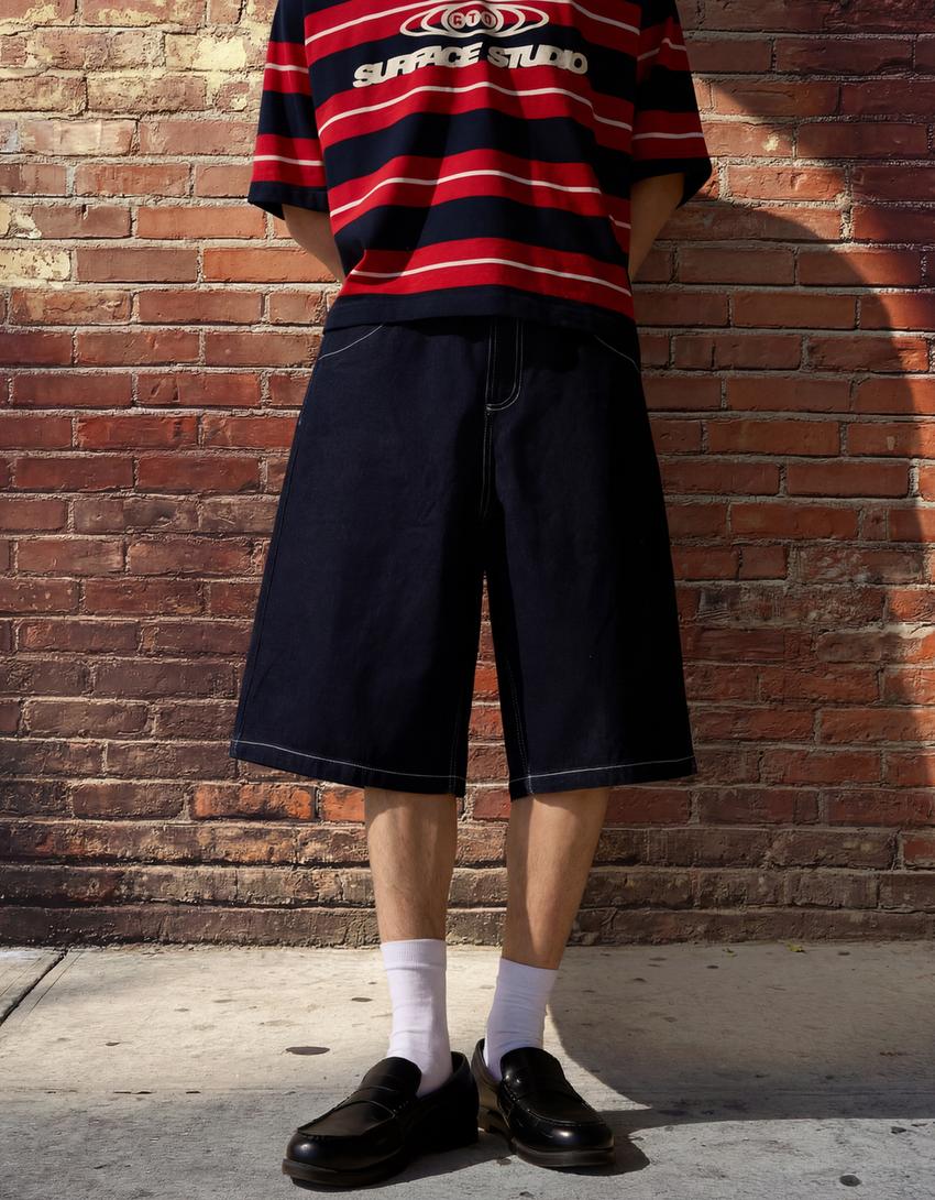 Contrast denim skater Bermuda shorts-Navy