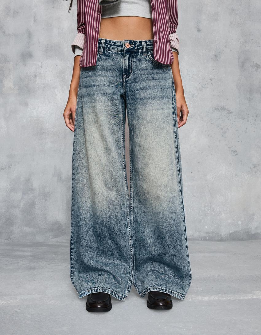 Jeans a gamba larga vita bassa-Azzurro Lavato