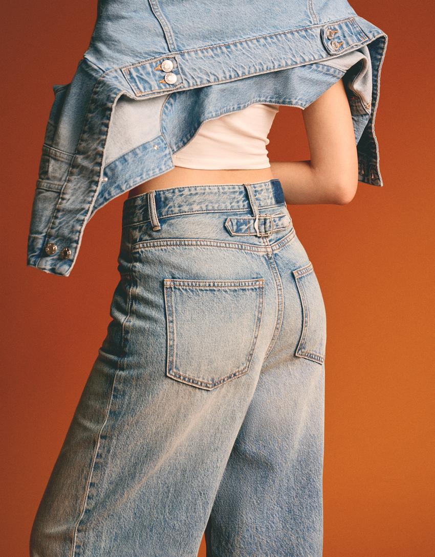 بنطال جينز واسع بطية في الطرف السفلي-أزرق-1