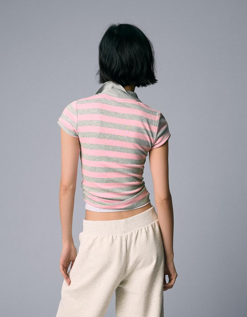 Striped short sleeve polo shirt-Pink
