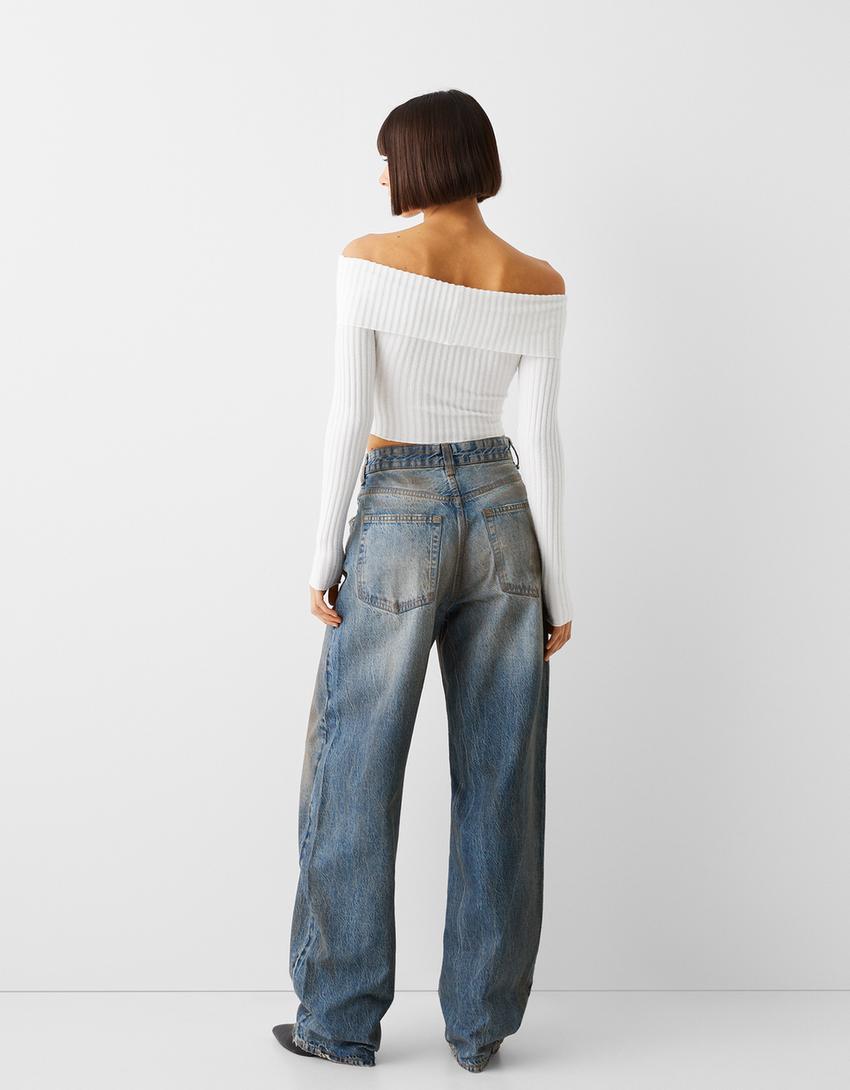 بنطال جينز طراز التسعينيات ممزق وباهت واسع الساقين-أزرق-2