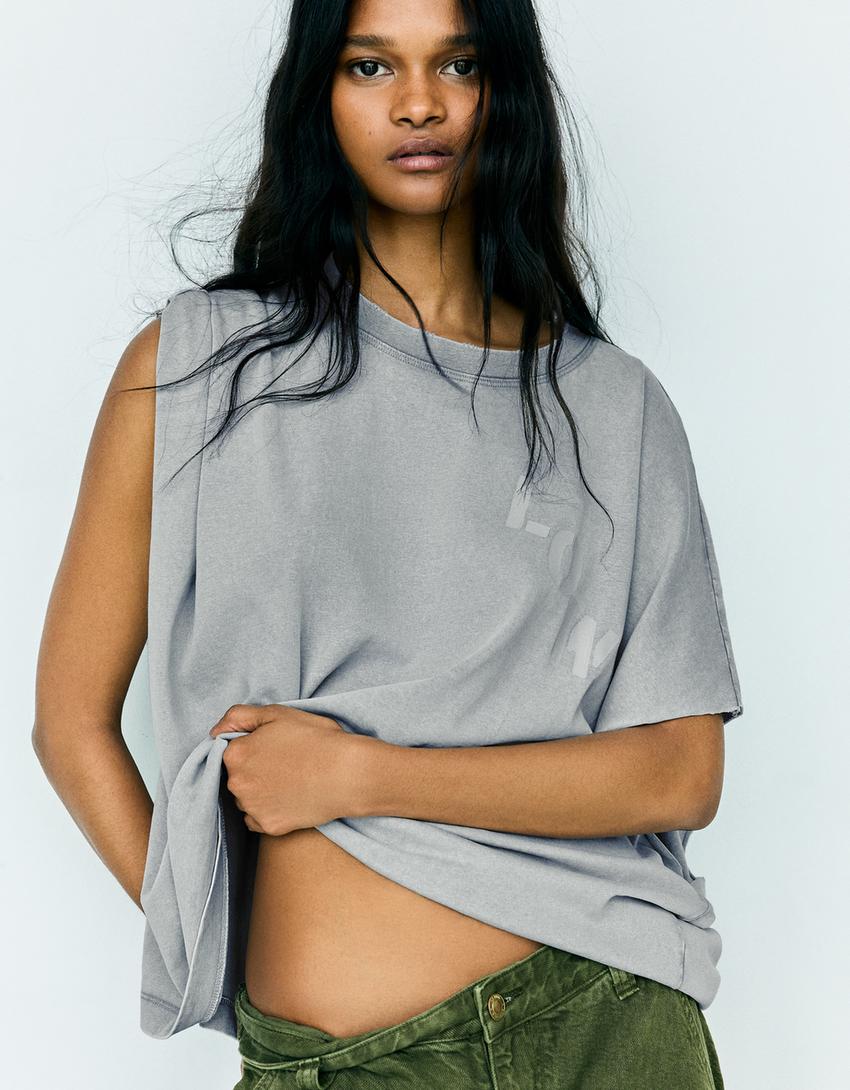 T-shirt worker oversize imprimé-Bleu lavé