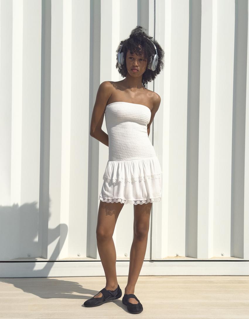 Robe mini bandeau à volants-Blanc cassé-0