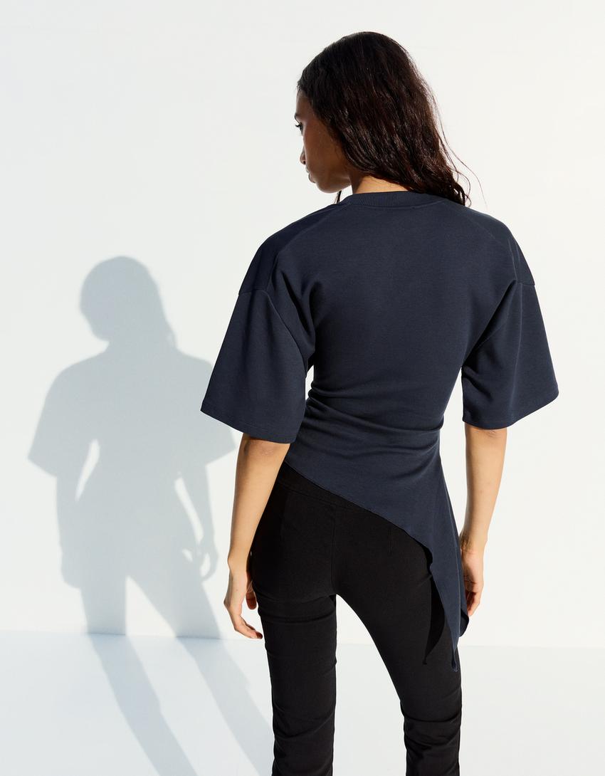 Short sleeve T-shirt with gathering-Navy