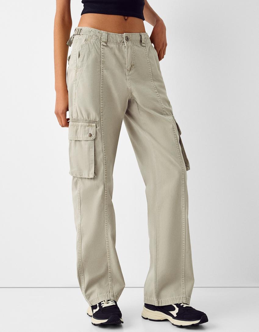 Calças straight cargo ajustáveis algodão-Caqui-1