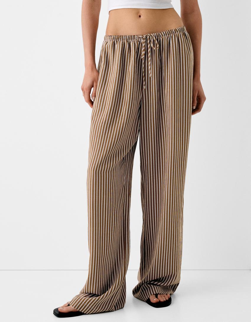 Straight-leg striped trousers with elasticated waist-Brown-1