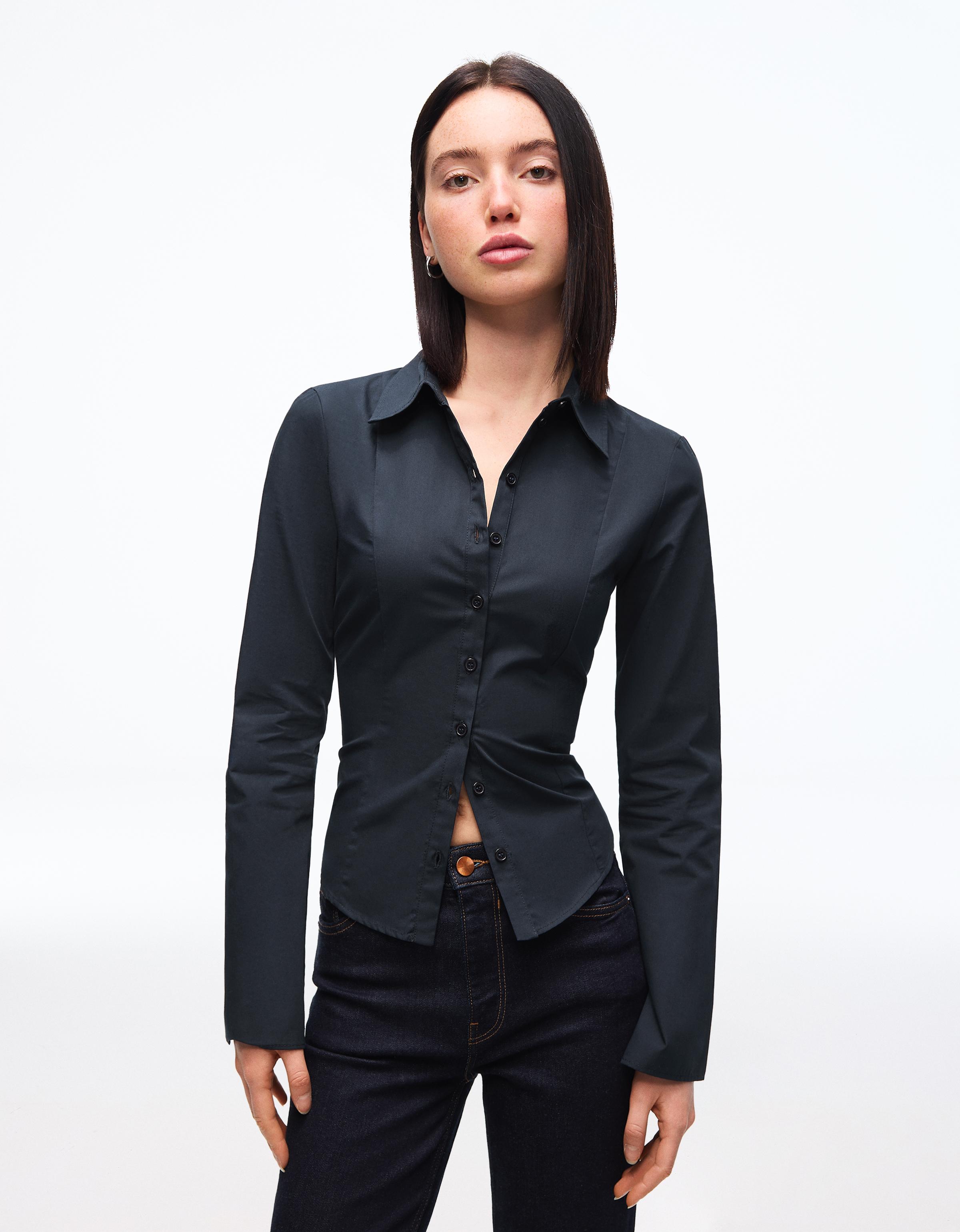 Bershka Figurbetontes Hemd Mit Ärmeln Im Schlaghosen-Stil Damen Xs Marinenblau