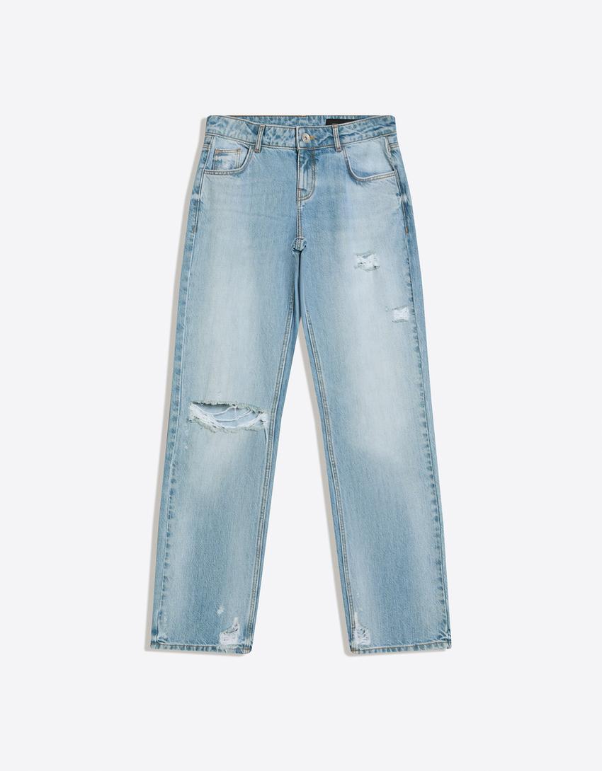 Ripped low-rise straight jeans-Light blue
