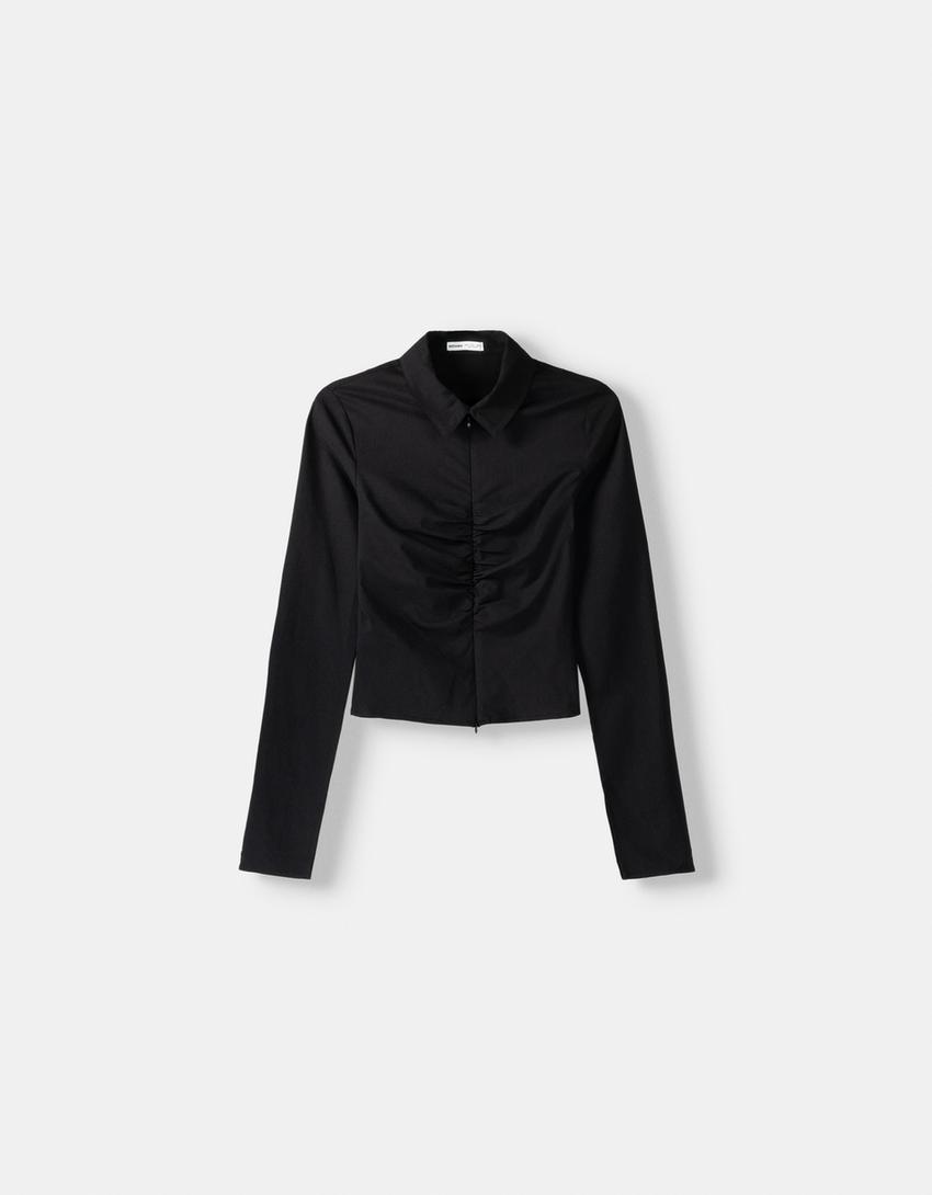 قميص مريح بأكمام طويلة وسحّاب-أسود-4