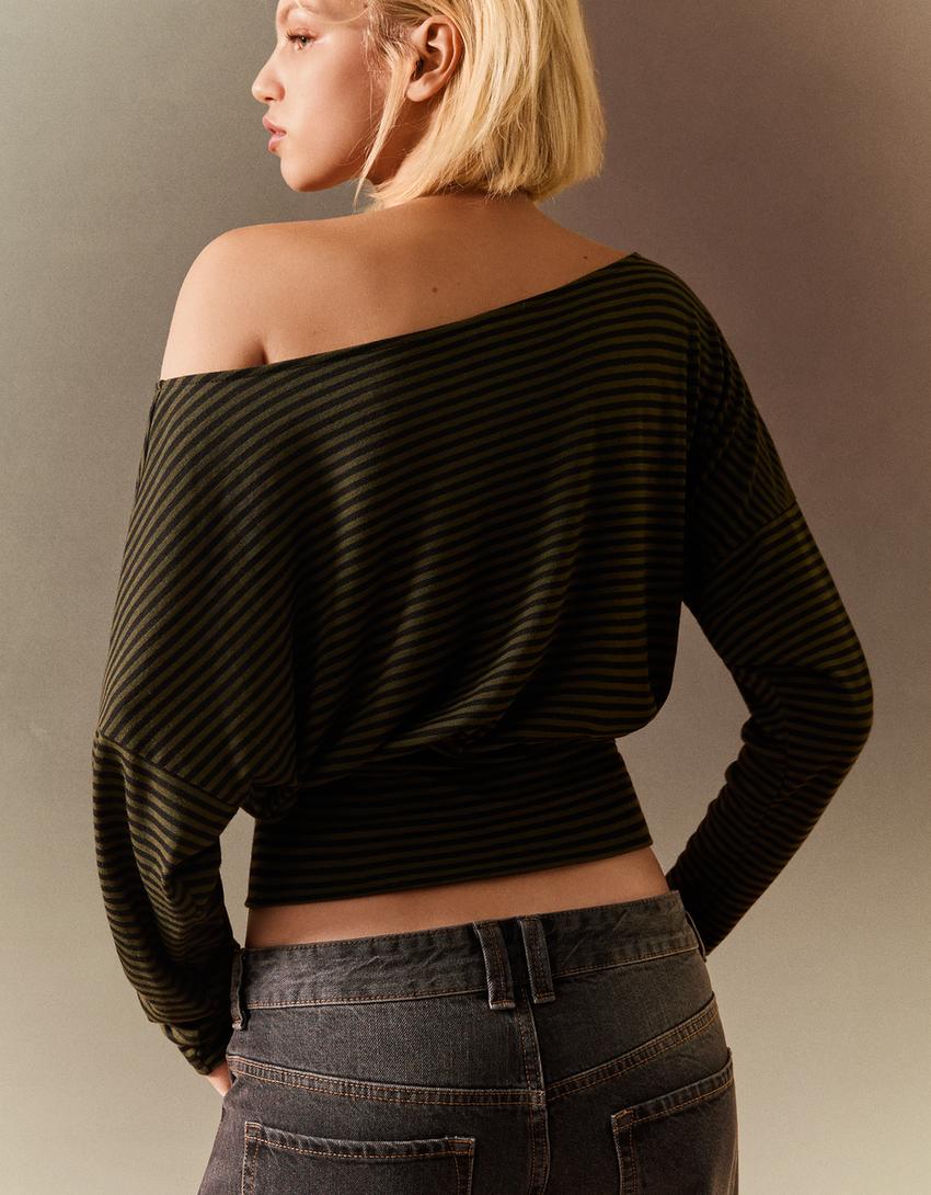 Striped long sleeve T-shirt with sash-Khaki