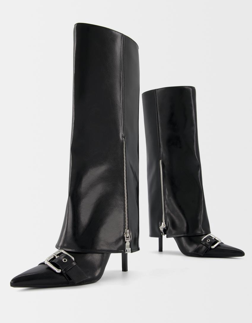 High-heel fold-over boots with buckles - Women | Bershka