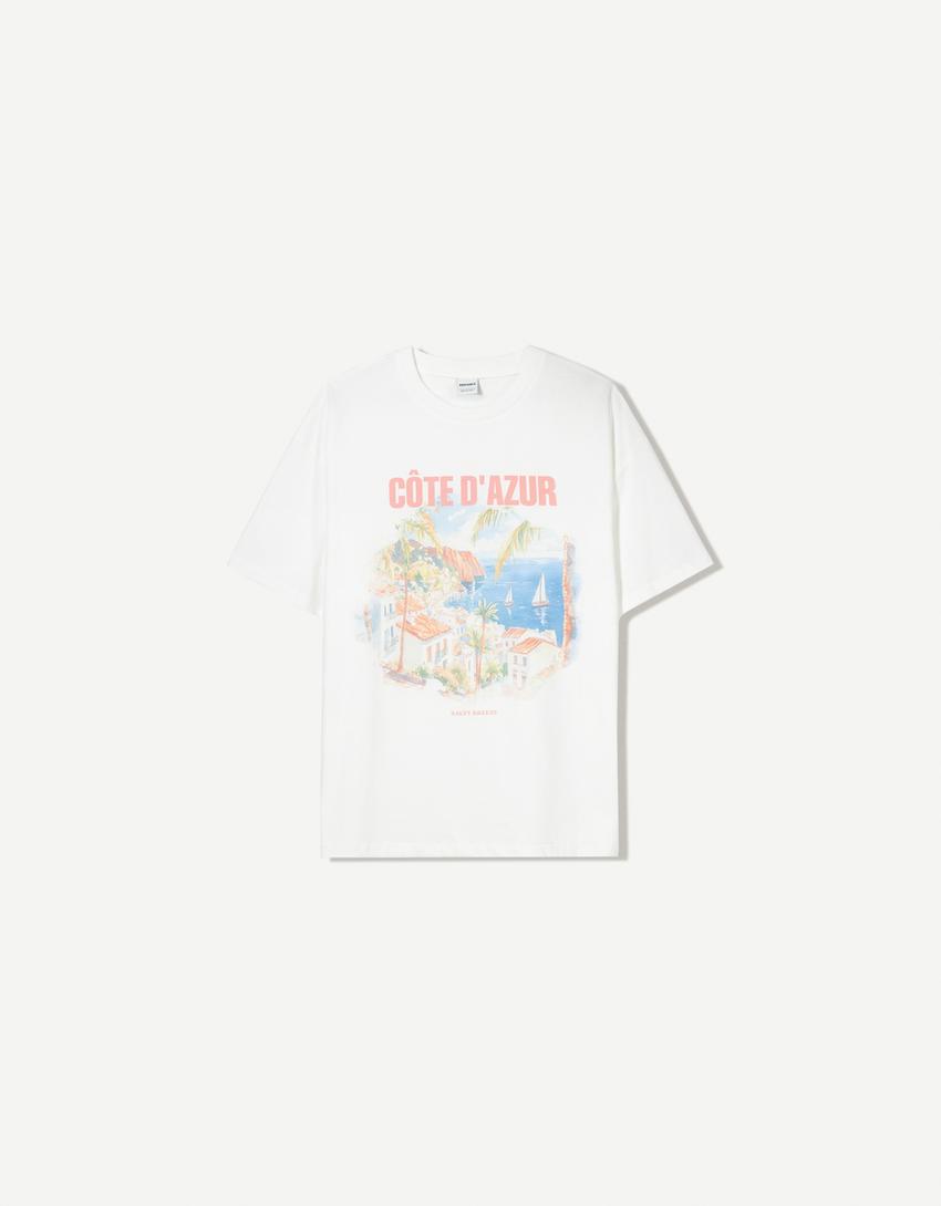 T-shirt manches courtes oversize imprimé-Écru-3