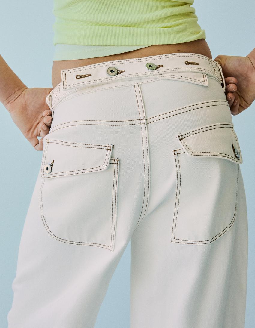 Distressed arkası tokalı balloon fit jean-Krem