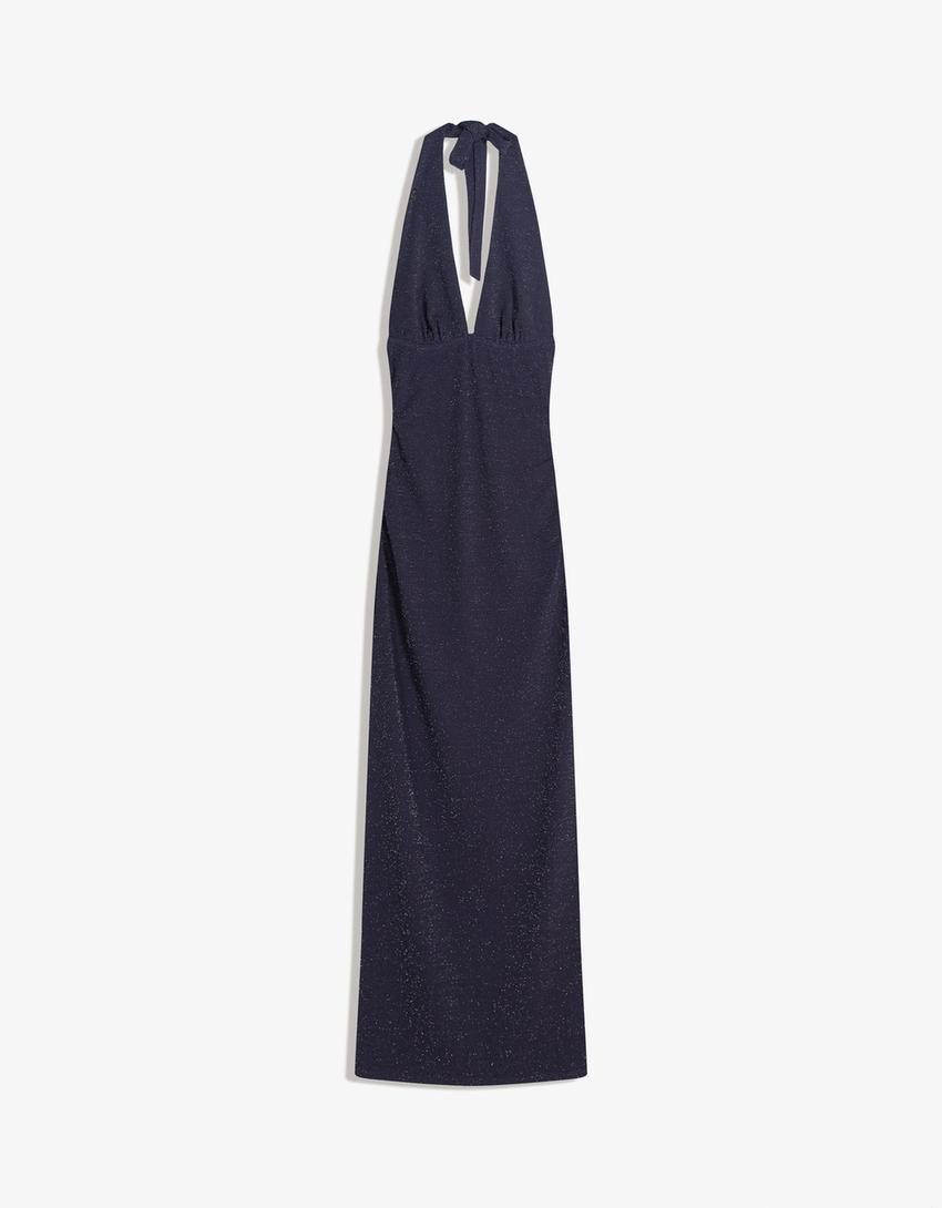 Vestito midi collo halter brillante-Marino