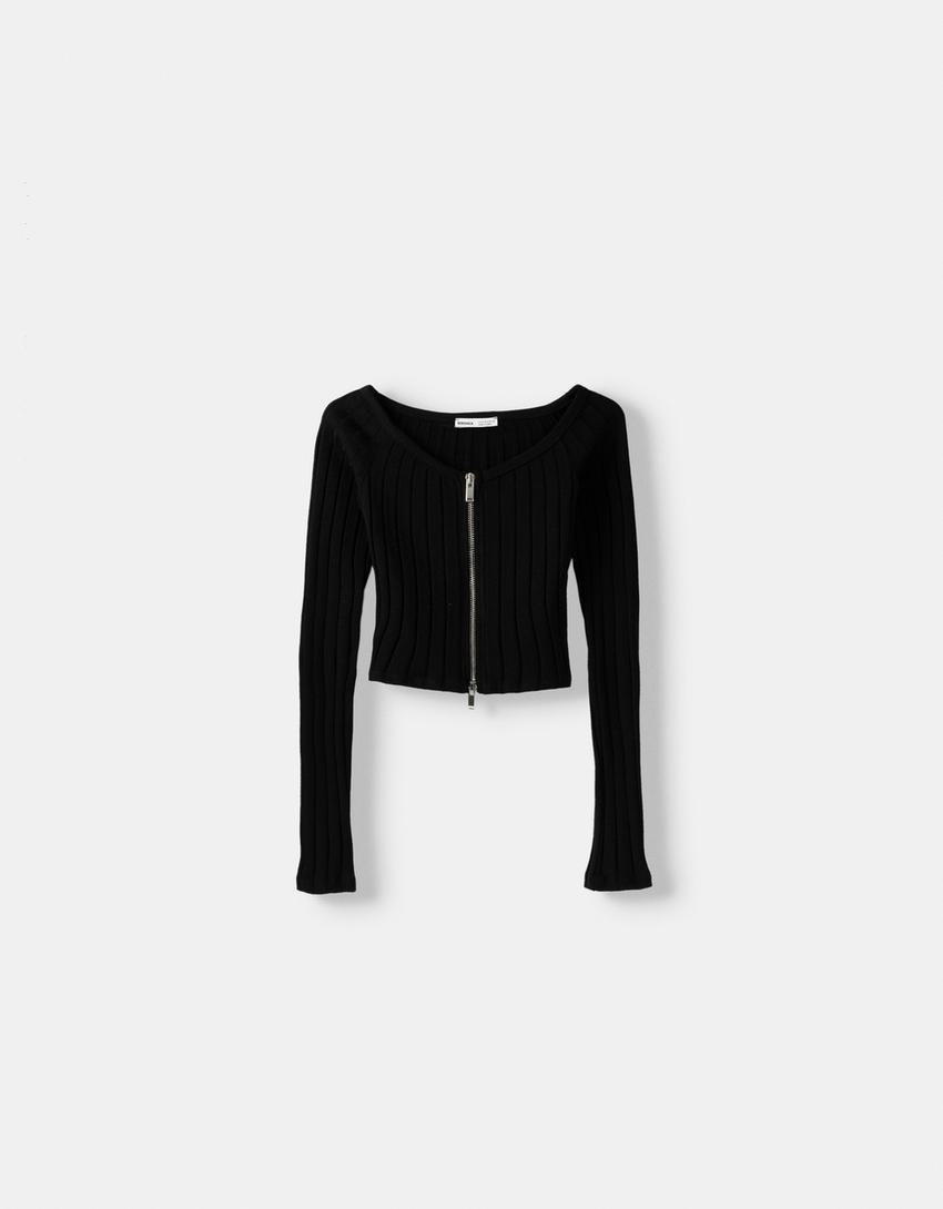 Gilet col Bardot fermeture Éclair-Noir-4