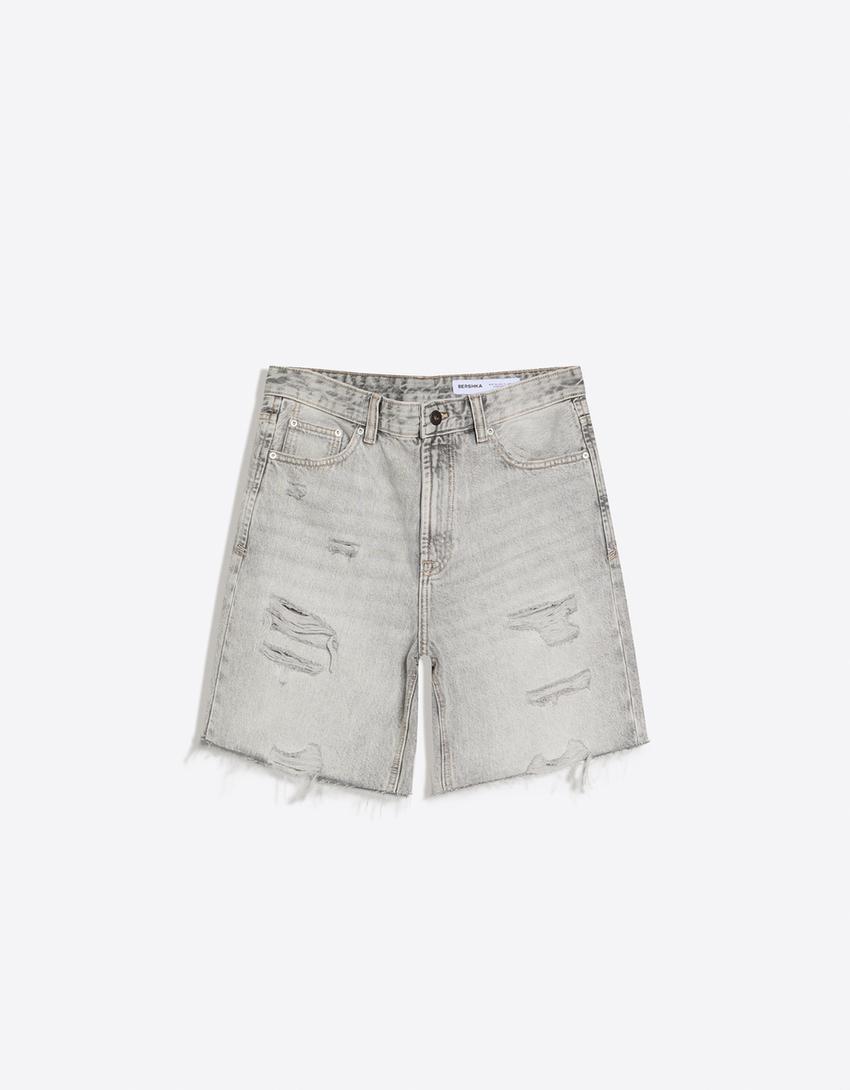 Ripped denim Bermuda shorts-Grey