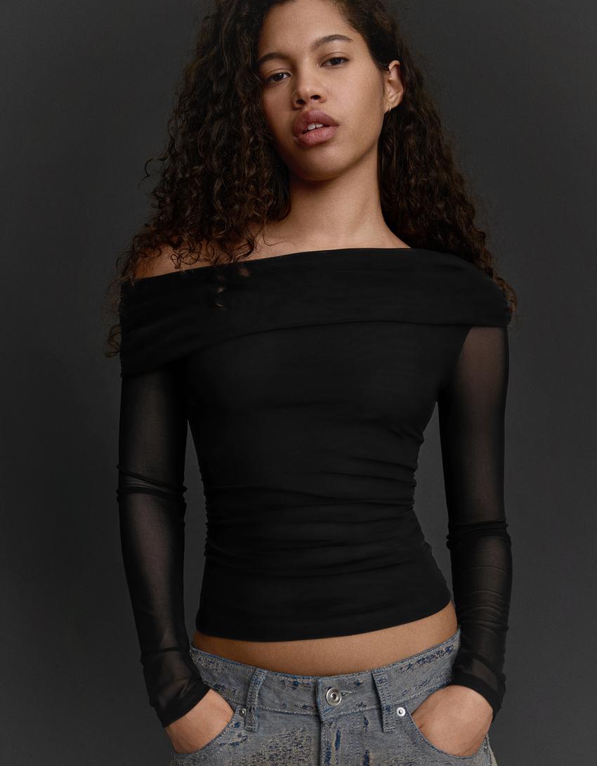 T-shirt asymétrique en tulle à manches longues-Noir