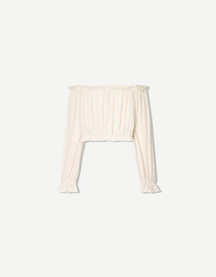 Geplooid T-shirt met blote schouders en lange mouw-Ecru-3