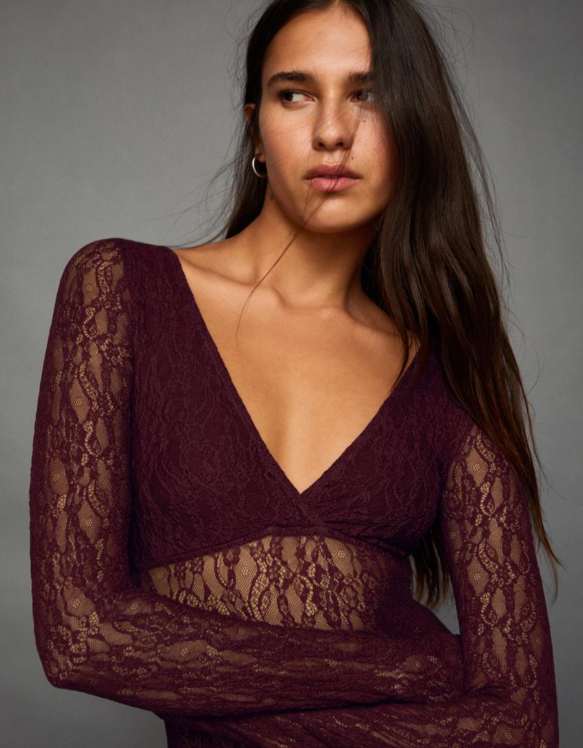 Uzun kollu dantel body-Bordo