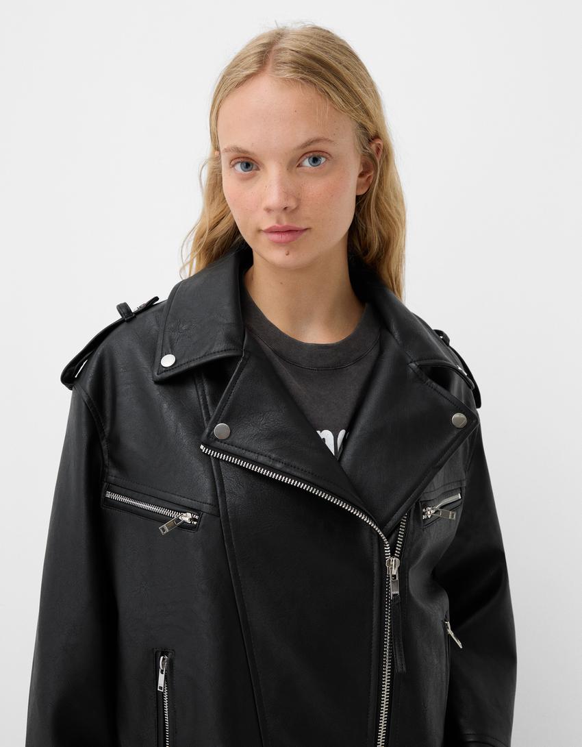 Giubbotto biker effetto pelle oversize-Nero-2