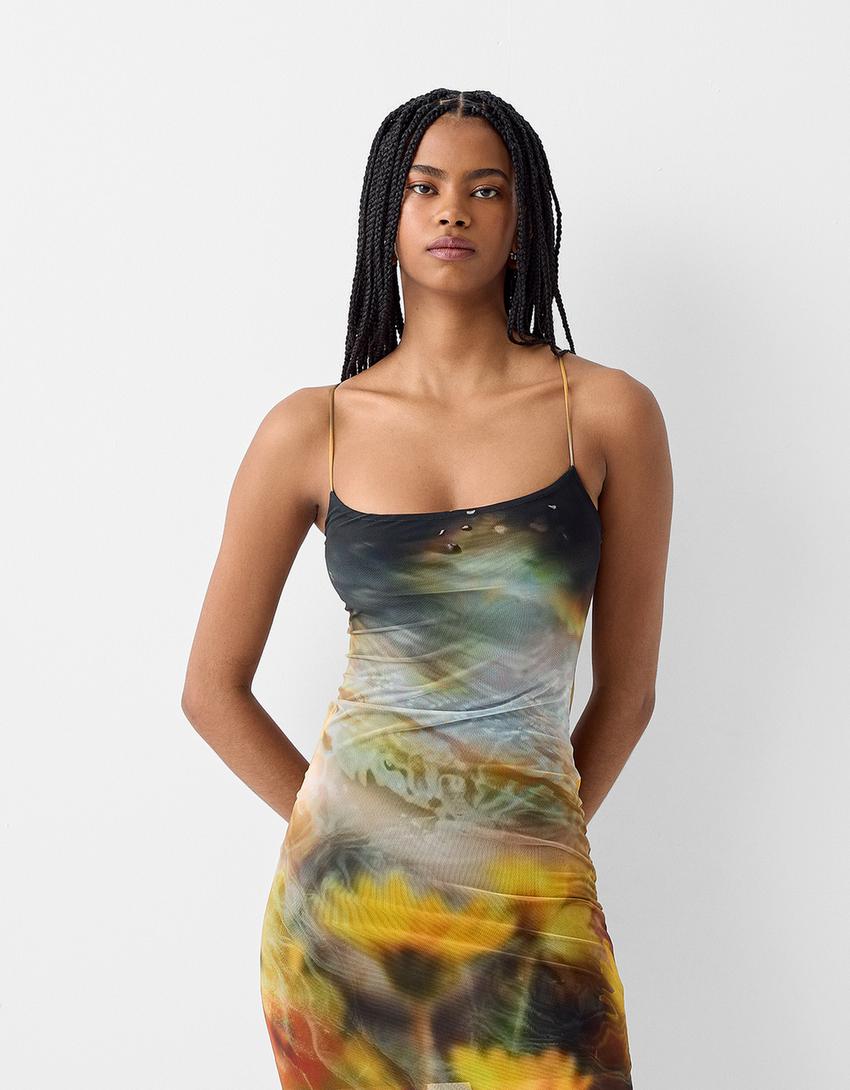 Strappy tulle midi dress-Yellow