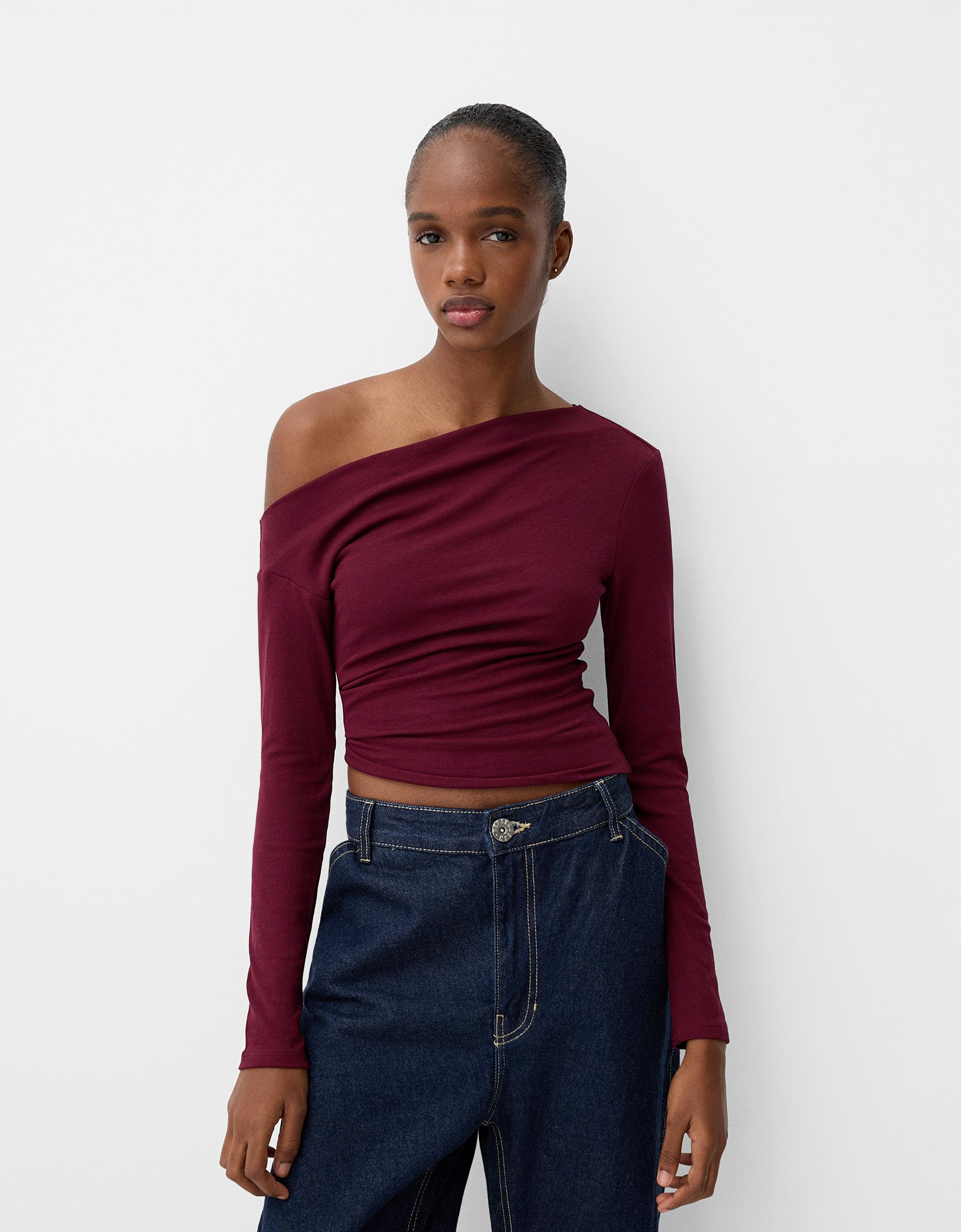 Bershka Asymmetrisches Langarmshirt Damen L Bordeaux