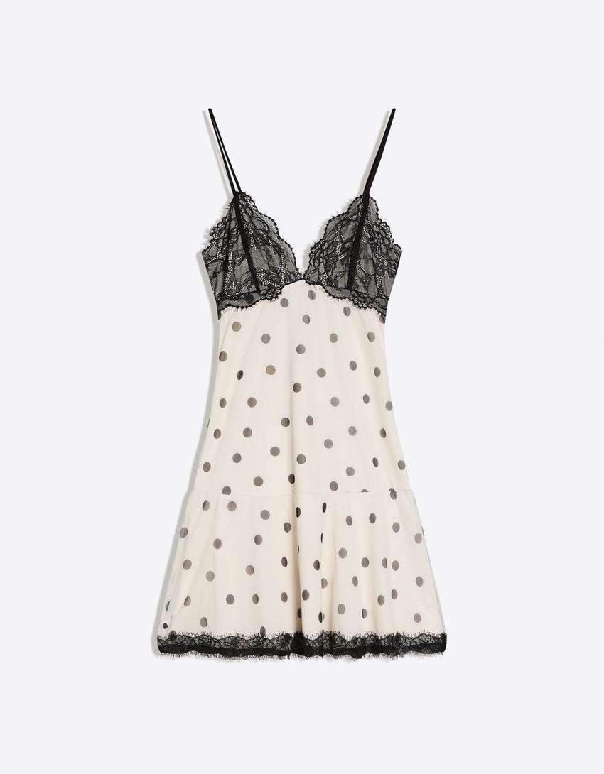 Mini strappy tulle lace print dress-Cream