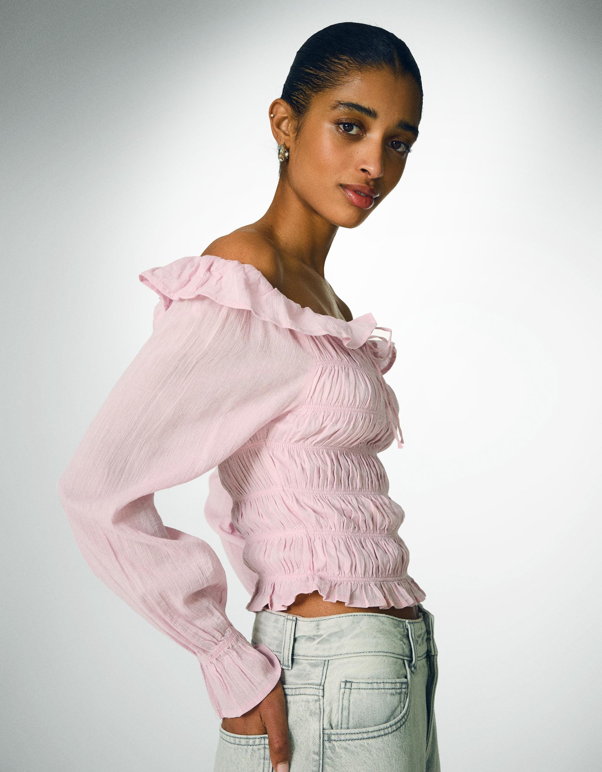 Blusa Corta Blusas Manga Larga Bershka Camisas Largas Mujer