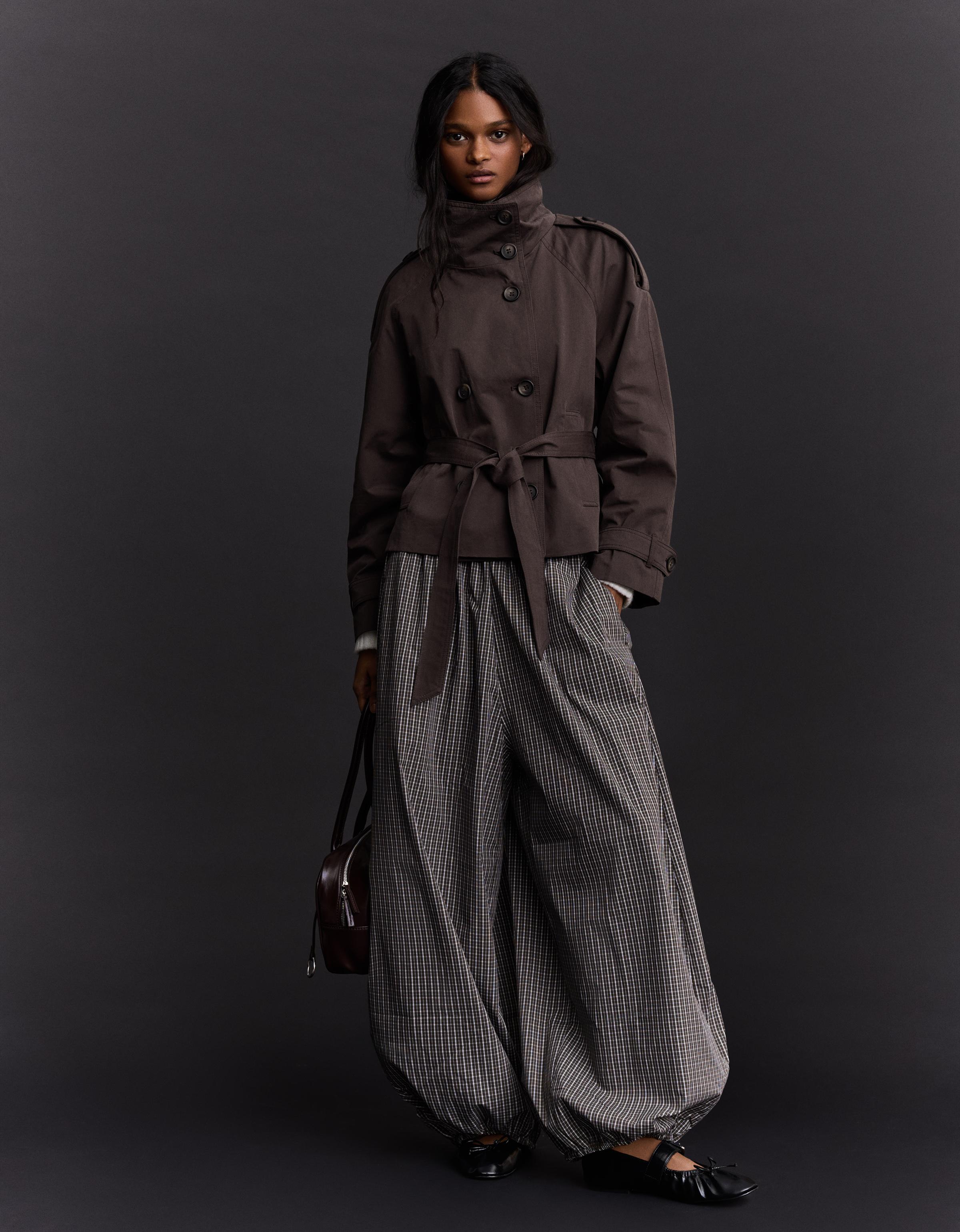 Funnel neck trench jacket — Brown
