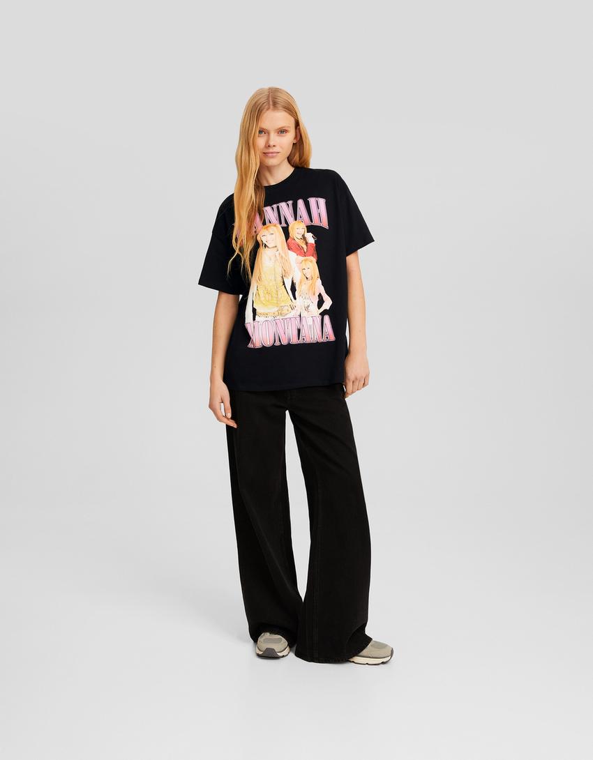 T-shirt Hannah Montana manga curta oversize estampado-Preto-3