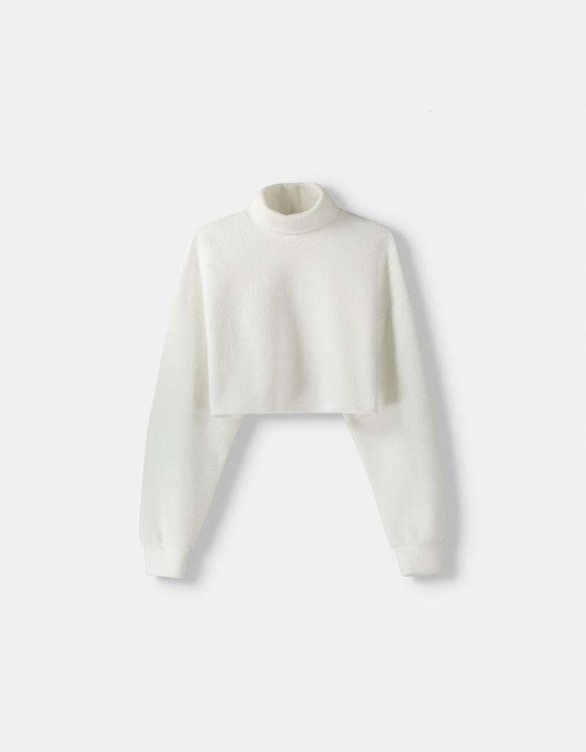 Cropped sweater with a high neck-Off white-4