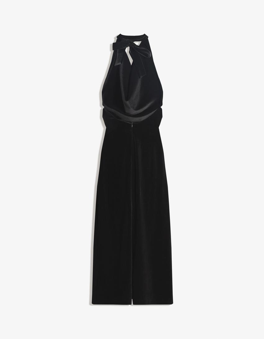 Draped velvet-effect midi dress-Black