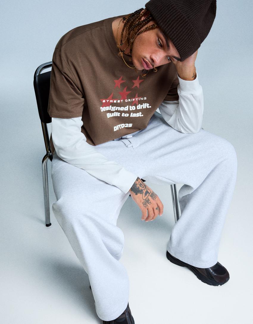 T-shirt manches courtes imprimé-Marron