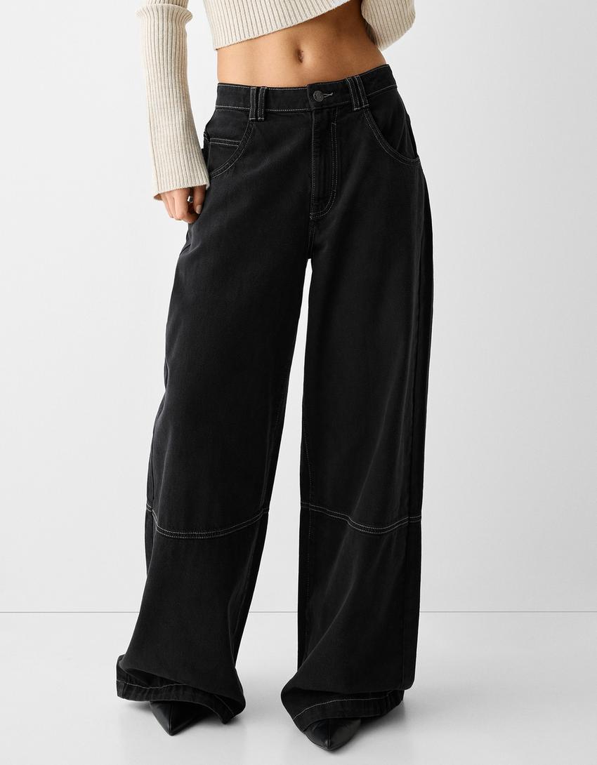 Wide-leg skater-fit twill trousers-Grey