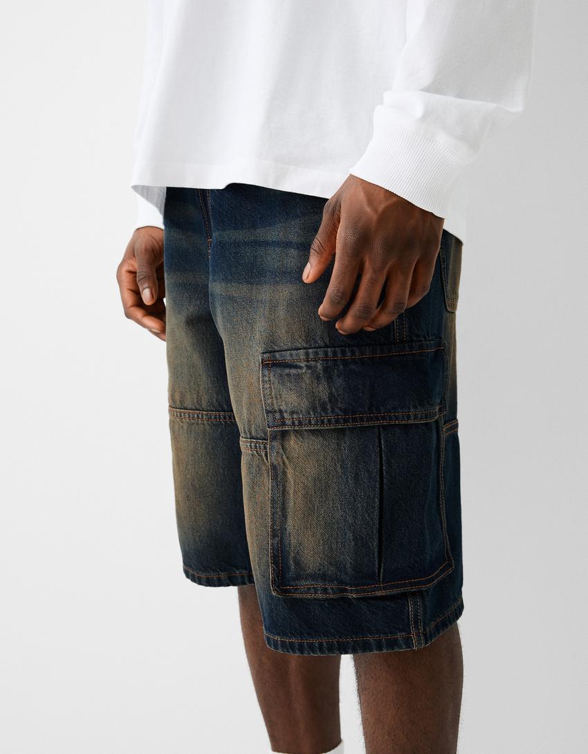 Calções bermuda denim baggy cargo-Azul lavado-3