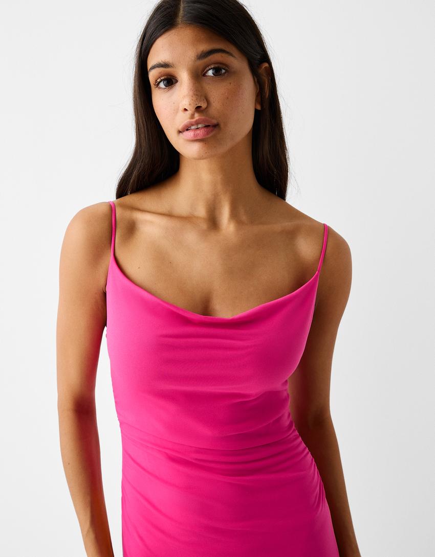 فستان ميدي بياقة قلنسوة وحمالات-فوشيا-3